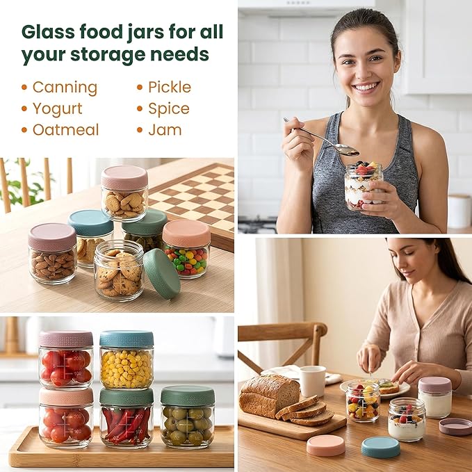 12Pack 10oz Overnight Oats Containers with Lids, Glass jars with Airtight Lids, Glear Food Storage Containers, Mason Salad jars for Yogurt Snacks Pudding Spice Sugar