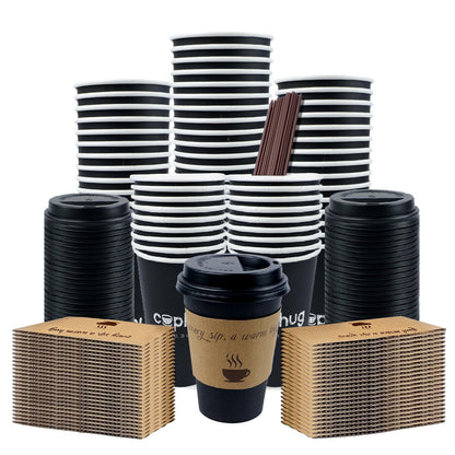 cuphug 12 oz Disposable Coffee Cups with Lids, Sleeves and Straws 100Pack, Thickened Leak-Proof Insulated Paper Cups for Hot Drinks, Home, Office, Cafe, Party