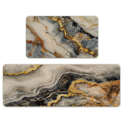 Livcoz Black White Gold Marble Texture Kitchen Rugs Set of 2, Modern Abstract Fluid Art Floor Mats Home Decor, Luxury Stone Door Mat Decorations - 17x29 and 17x47 Inches