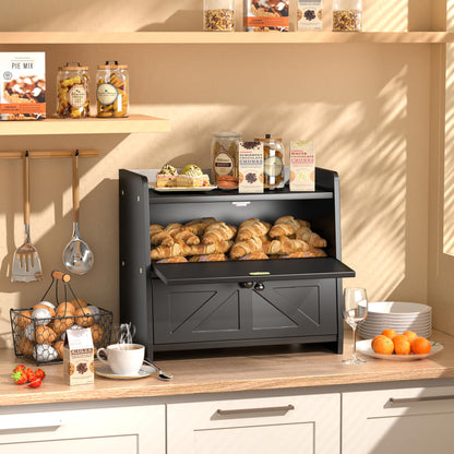TQQDCI Bread Box for Kitchen Countertop, Double Layer Wooden Breadbox, Large Capacity Bread Storage Bin, Homemade Bread Storage Container, Farmhouse Breadbox Organizer, Black