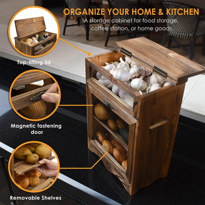 Ikee Design Free Assemble Wooden Countertop Potato and Onion Storage Bin Box,Countertop Cabinet, Wooden Bread Boxes, Potato Storage, Coffee Station, 11.8W x 6.8D x 16H in, Rustic Color