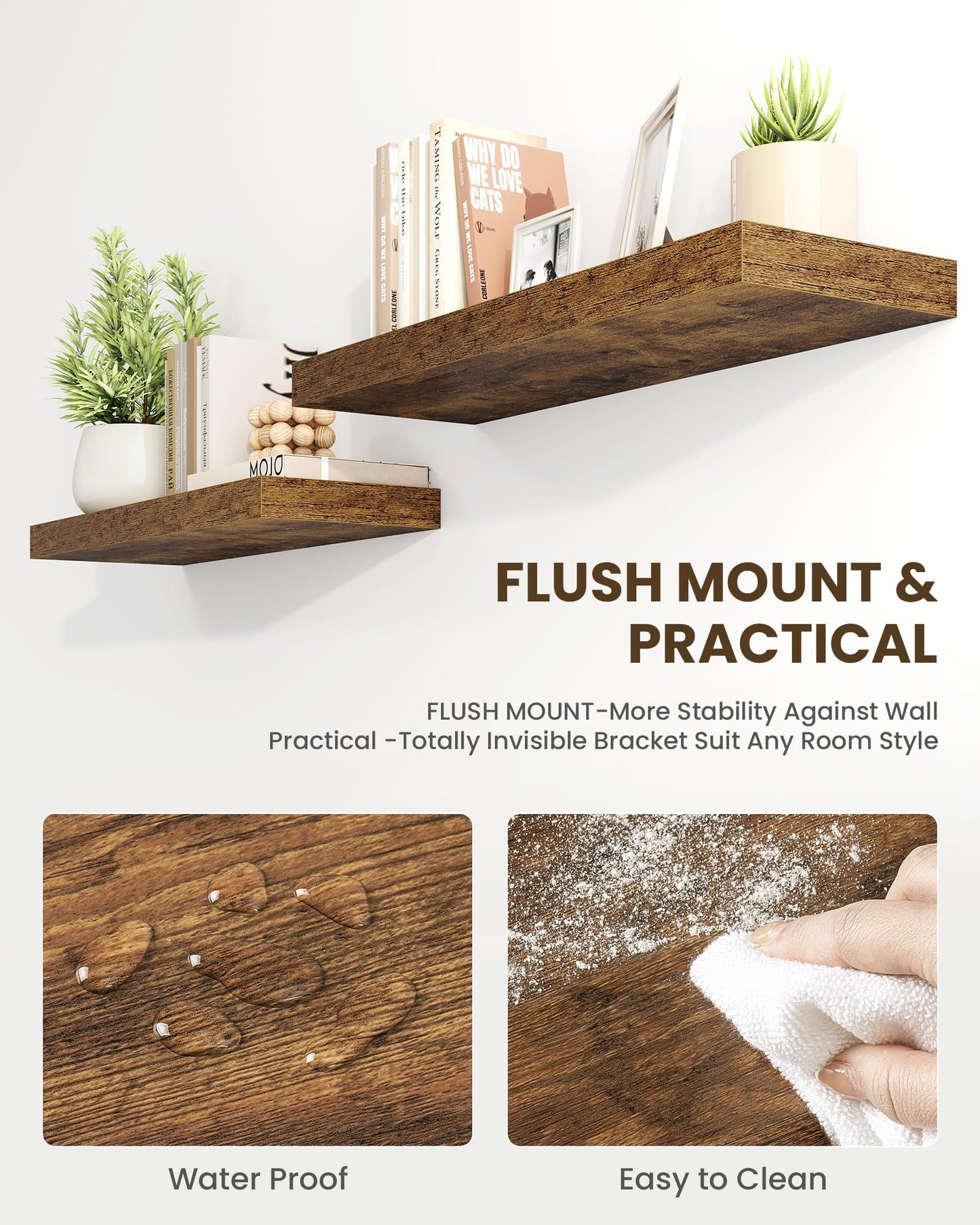Marsmiles 40" Floating Shelves for Wall, Wooden Shelves with Invisible Brackets Set of 2, Rustic Farmhouse Wall Mounted Shelf for Kitchen Bathroom Living Room Study, Rustic Brown