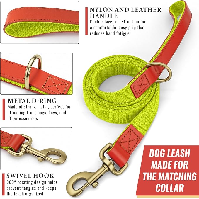 Dog Collar and Leash Set with Metal Quick Release Buckle, Adjustable, Breathable Nylon, Durable, Soft and Comfortable, No Pull for Walking and Training, Fluorescent Yellow, L (14.9"-22.8")