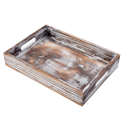 ExoLiry Rustic Whitewashed Wood Food Serving Tray Cutout Carrying Handles Breakfast in Bed Coffee Platter Table Wine Brown Rectangular Nesting Crate Desktop Document Holder Office Home Kitchen