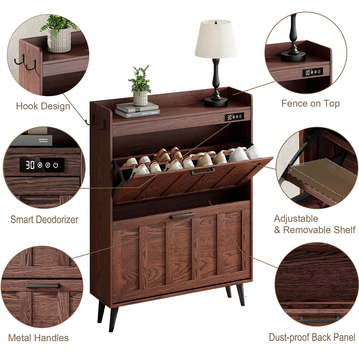 ChooChoo Shoe Storage Cabinet with 2 Flip Drawers, Deodorizing Shoe Organizer Storage for Entryway, Freestanding Hidden Slim Narrow Shoe Rack Cabinet, Walnut