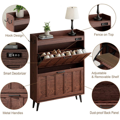 ChooChoo Shoe Storage Cabinet with 2 Flip Drawers, Deodorizing Shoe Organizer Storage for Entryway, Freestanding Hidden Slim Narrow Shoe Rack Cabinet, Walnut
