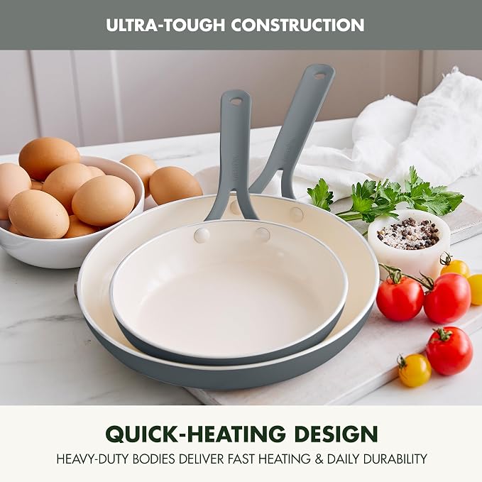 GreenPan Nova 2-Piece Nonstick Frying Pan Set, 8” & 10” Skillets, PFAS-Free Ceramic Cookware, Durable Fast Heating, Induction Ready, Omelet & Eggs, Oven Safe to 600F, Dishwasher Safe, Slate Gray