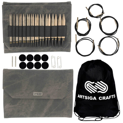 Lykke Driftwood 5 in. Complete Set US 4, 5, 6, 7, 8, 9, 10, 10.5, 11, 13, 15, 17 Interchangeable Circ. Knitting Needles for DK, Worsted, Super Chunky Yarn, Birch, 5 Cords, Grey DM Case, Project Bag