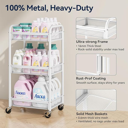 YASONIC 3 Tier Rolling Cart – Metal Utility Storage Carts
