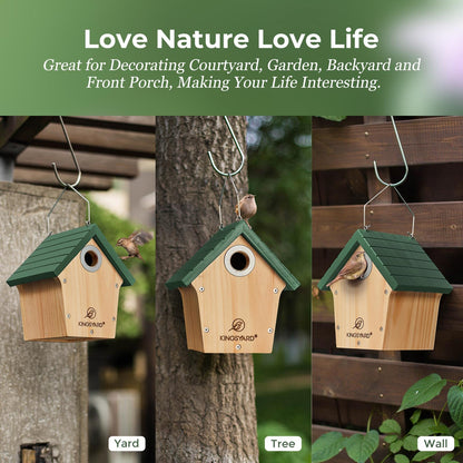 Kingsyard Wooden Bird House with Predator Guard, Wren Bird Nesting for Outdoor, Garden Patio Nest Box for Wild Bird Watching, Green