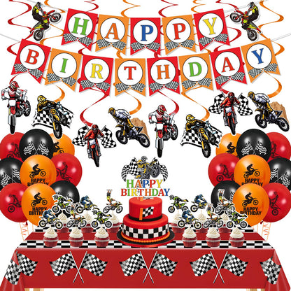 Dirt Bike Party Decorations Kit Motorcycle Theme Happy Birthday Banner Balloons Dirt Bike Hanging Swirls Tablecloth Cake Cupcake Toppers Decor for Boys Men Dirtbike Birthday Party Favors Supplies