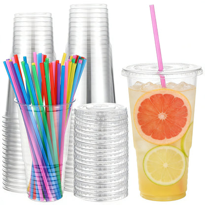 Ziliny 50sets 32 oz Clear Plastic Cups with Lids and Straws Disposable Clear Thickened Pet Plastic Drinking Cups for Cold Drinks, Iced Coffee, Milkshakes, Smoothies, Dessert (Multicolor)