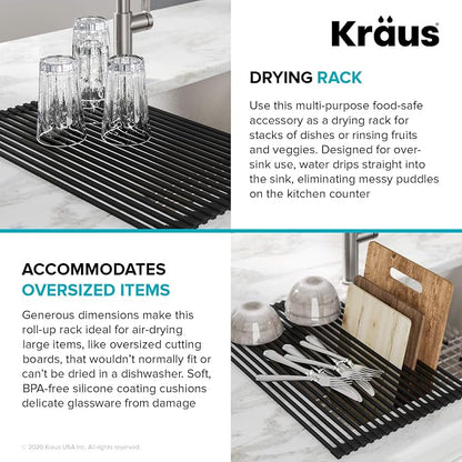 Kraus Multipurpose Over-Sink Roll-Up Dish Drying Rack, Colander and Trivet in Black, KRM-10BLACK (Pack of 4)