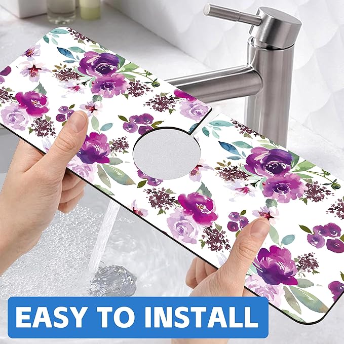 Watercolor Purple Flowers Faucet Absorbing Mat Splash Guard Draining Mat Fast