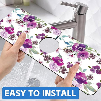 Watercolor Purple Flowers Faucet Absorbing Mat Splash Guard Draining Mat Fast