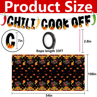 Iceyyyy 4 Pcs Black Chili Cook Off Table Decorations Set-108" x 54" Chilis Peppers Flame Table Covers 33 Ft Cooking Chili Contest Banner-Disposable Chilis Peppers Party Decorations for Party Supplies