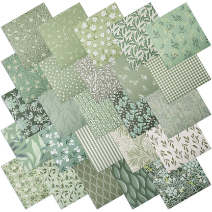 25 Pcs Sage Green Quilting Fabric Scraps, 10''x10'' Green Cotton Fabric Squares Vintage Precut Quilt Kits Include Floral Pattern Spring Leaf Print for DIY Craft Supplies