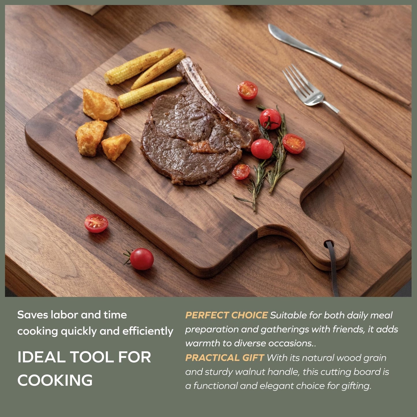 Muso Wood Walnut Cutting Board for Kitchen, Wooden Chopping Board with Handle to Hang, Square Bread Pizza Cheese Board, Charcuterie Board Used for Serving Platter 15.7x9.8 inch
