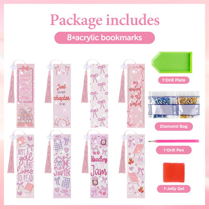 8 Pieces Christian Bible Verse Diamond Art Bookmarks 5d Christian Beaded Bookmark Acrylic Tassel Bookmark for DIY Making Beginners Kids Adults Arts Craft Supplies (Pink Bow-1)
