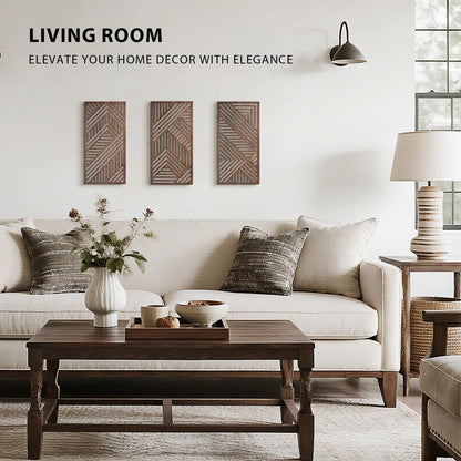 VIYYIEA Boho Solid Wood Carved Wall Art Set of 3, Geometric Minimalist Wooden Home Decor Panels, Handcrafted Solid Wood Wall Hanging for Living Room Bedroom Hallway, 16 x 8 Inch Each (Sunset Brown)