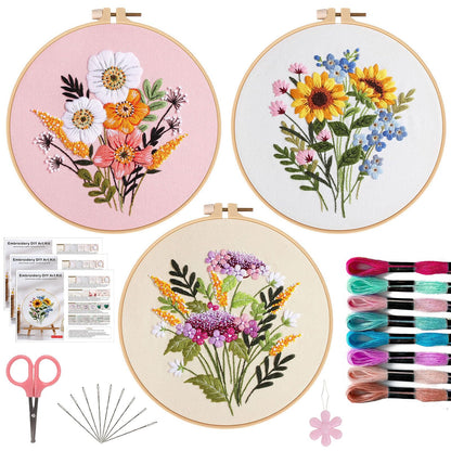 Offizon 3 PCS Embroidery Kit for Beginners - Cross Stitch DIY Craft Set, Flower Embroidery Accessories & Hoop Included, Hand Embroidery Kit for Adults Stitching Sewing Kit Gift | FlowerB Patterns