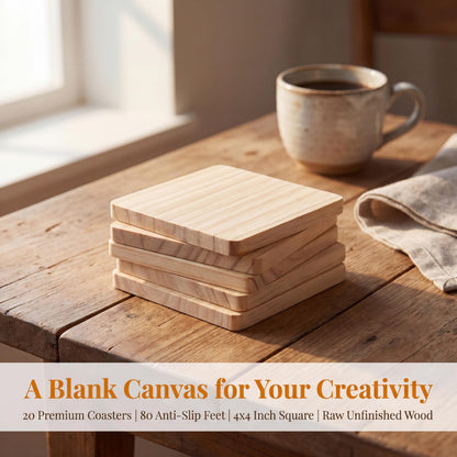 Dicunoy 20 Pack Unfinished Wood Coasters, 4" Blank Wooden Coasters for Craft, Square Coasters with Non-Slip Pads for DIY Supplies, Laser Engraving, Stained Painting, Drawing, Home Decor