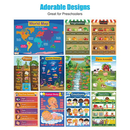 35 Pcs Laminated Educational Posters for Toddlers & Elementary Kids (Ages 3-10) - A3 Size Water-Resistant Dry Erase Learning Charts Set with Alphabet, Numbers, World Map, Foam Dots Included