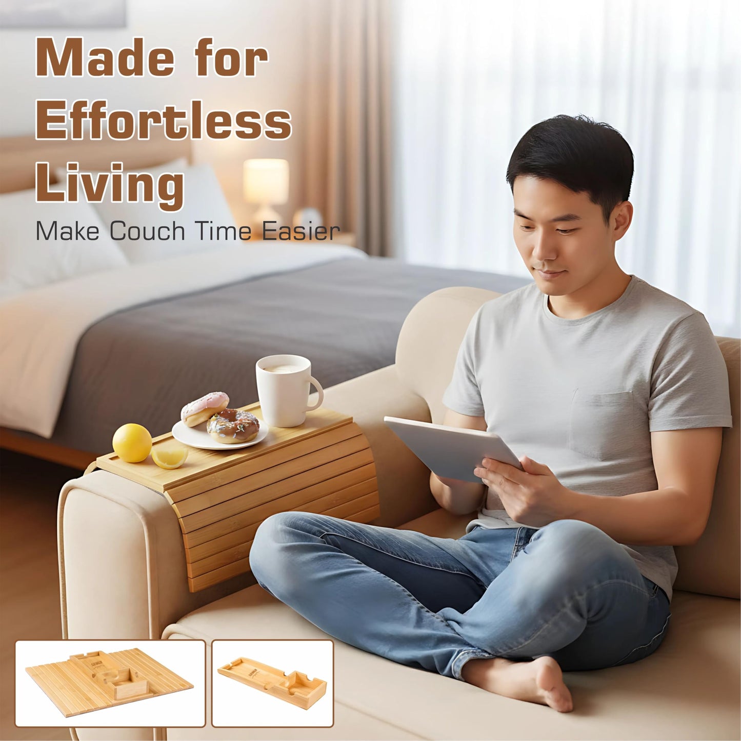 Wooden Sofa Arm Tray for Couch, Cup Holder & Armrest Organizer – Non-Slip Couch Arm Tray, Couch Cup Holder for Drinks, Snacks & Remotes – Flexible Couch Tray for Drink, Armrest for Living Room