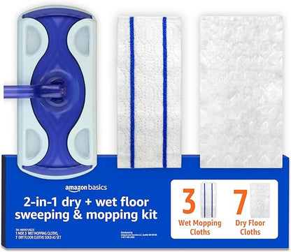 Amazon Basics Wet & Dry Sweeper Kit, 1 Sweeper Handle, 7 Heavy Duty Dry Floor