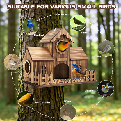 BlueYu Bird Houses for Outside with Fence Platform, 4-Hole Wooden Bird House, One-Piece Spacious Design, Hanging Birdhouse with Dual Hooks, Fits Bluebirds Sparrows Cardinals for Garden Backyard