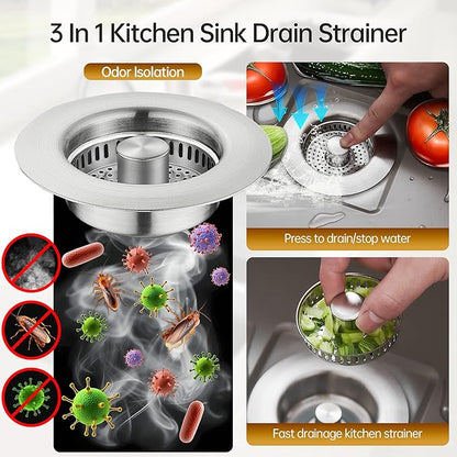 YYKBZ 3 in 1 Kitchen Sink Drain Strainer， Stainless Steel Pop Up Sink Stopper，