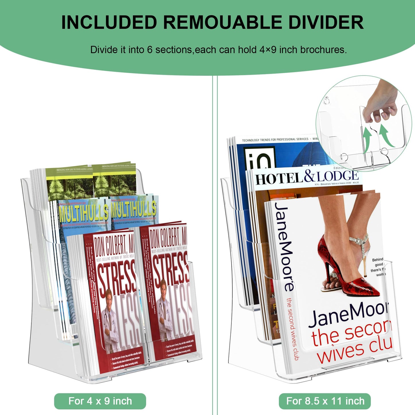 zavekia 3 Tier Acrylic Brochure Holder 8.5 x 11 inch, Clear Literature Organizer Magazine Stand with Removable Divider for 4 x 9 inch Brochures,Magazine Holder,Flyer Holder