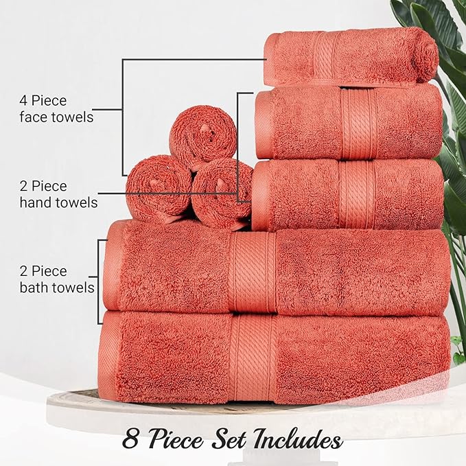 SUPERIOR Egyptian Cotton Pile 8 Piece Towel Set, Includes 2 Bath, 2 Hand