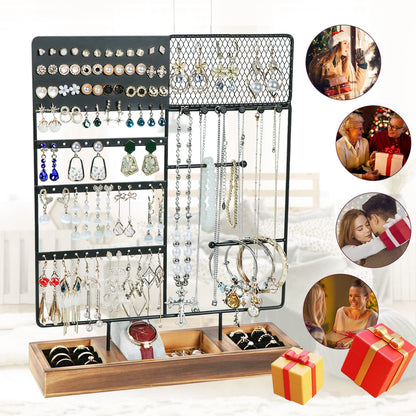 sovia Jewelry Organizer Stand,Earring Organizer with 84 Holes Ear Stud,Jewelry Organizer Holder with Wooden Tray for Earrings Necklaces Bracelets Watches and Rings,Earring Holder Organizer,Black