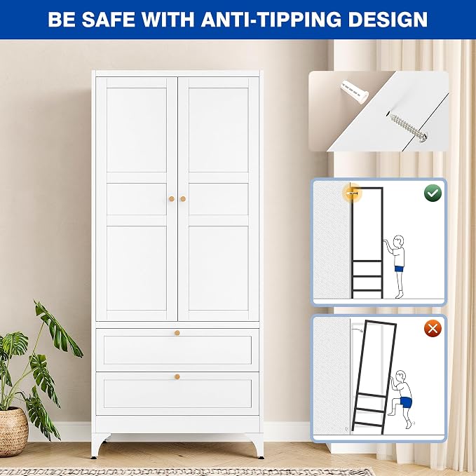 BYNSOE Metal Armoire Wardrobe Closet with 2 Drawers 72'' Wardrobe Cabinet with Drawers and Hanging Rail Metal Closet with Adjustable Shelves for Bedroom. (White, with 2 Drawers)