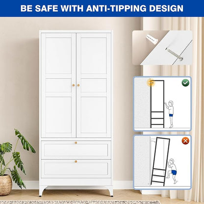 BYNSOE Metal Armoire Wardrobe Closet with 2 Drawers 72'' Wardrobe Cabinet with Drawers and Hanging Rail Metal Closet with Adjustable Shelves for Bedroom. (White, with 2 Drawers)