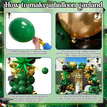 Graduation Balloon Arch Kit 2026 Green and Gold Black Balloon Garland Emerald Forest Dark Green Balloons with Star Foil for Congrats Grad Retirement Prom Birthday Football Party Decorations, 104Pcs