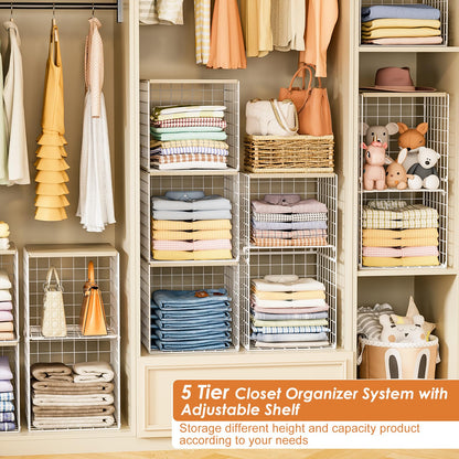 Hencawima 5PCS Stackable Closet Organizers and Storage, Closet Shelves with Wood Top Extra Storage, Clothes Storage Organizer Basket Bin/Cube for Home Wardrobe Organization(White-Sturdy Metal)