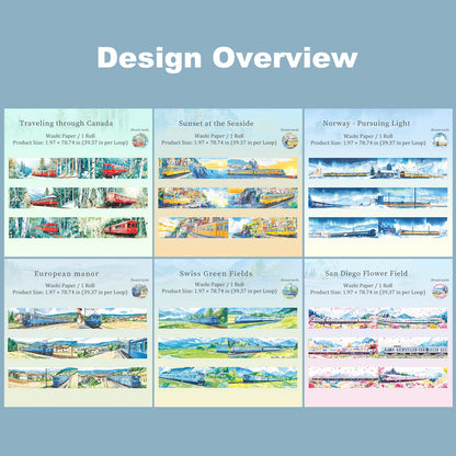 AuriicLeaf Train Scenery Washi Tape Set – 6 Rolls Travel & Nature Inspired with Clip for Scrapbook Journals DIY Crafts Decoration 1.97"x78.7" 39.37in per Loop