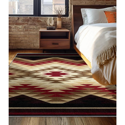 Boho Style Western Rug, 3x5ft,Country Farmhouse Retro Cabin Area Rugs, Non-Slip, Soft and Washable Southwestern Aztec Native Geometric Carpet, for Bedroom, Living Room Beige, Green, Red