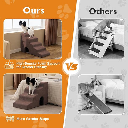 Dog Stairs for Bed 19.5’’ H, 4-Step Dog Steps for High Bed, Pet Stairs for Small Dogs and Cats to Get on Beds, Couch, Non-Slip Balanced Pet Steps and Ramp with Waterproof Cover and Tunnel, Brown