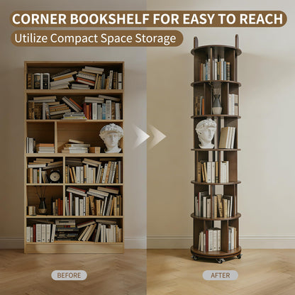 Kryonix Rotating Bookshelf, Solid Wood 5 Tier Spinning Book Shelf Tower, 360° Revolving Bookcase on Wheels, Corner Round Rolling Bookshelves for Small Spaces, Bedroom, Office, Kids Room (Walnut)