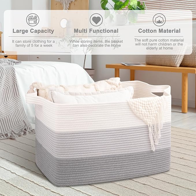 OIAHOMY Extra Large Blanket Basket, 110L Cotton Rope Woven Laundry Basket