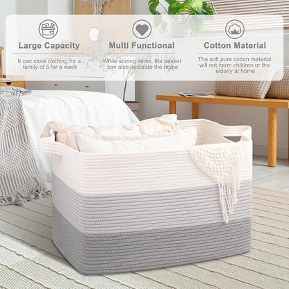 OIAHOMY Extra Large Blanket Basket, 110L Cotton Rope Woven Laundry Basket