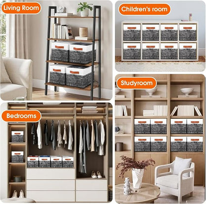 Fab totes Collapsible Storage Baskets for Shelves,14"x10", 8 Pack Foldable Fabric Storage Bins with Double Leather Handles, Large Baskets for Organizing Books, Clothes, White & Black