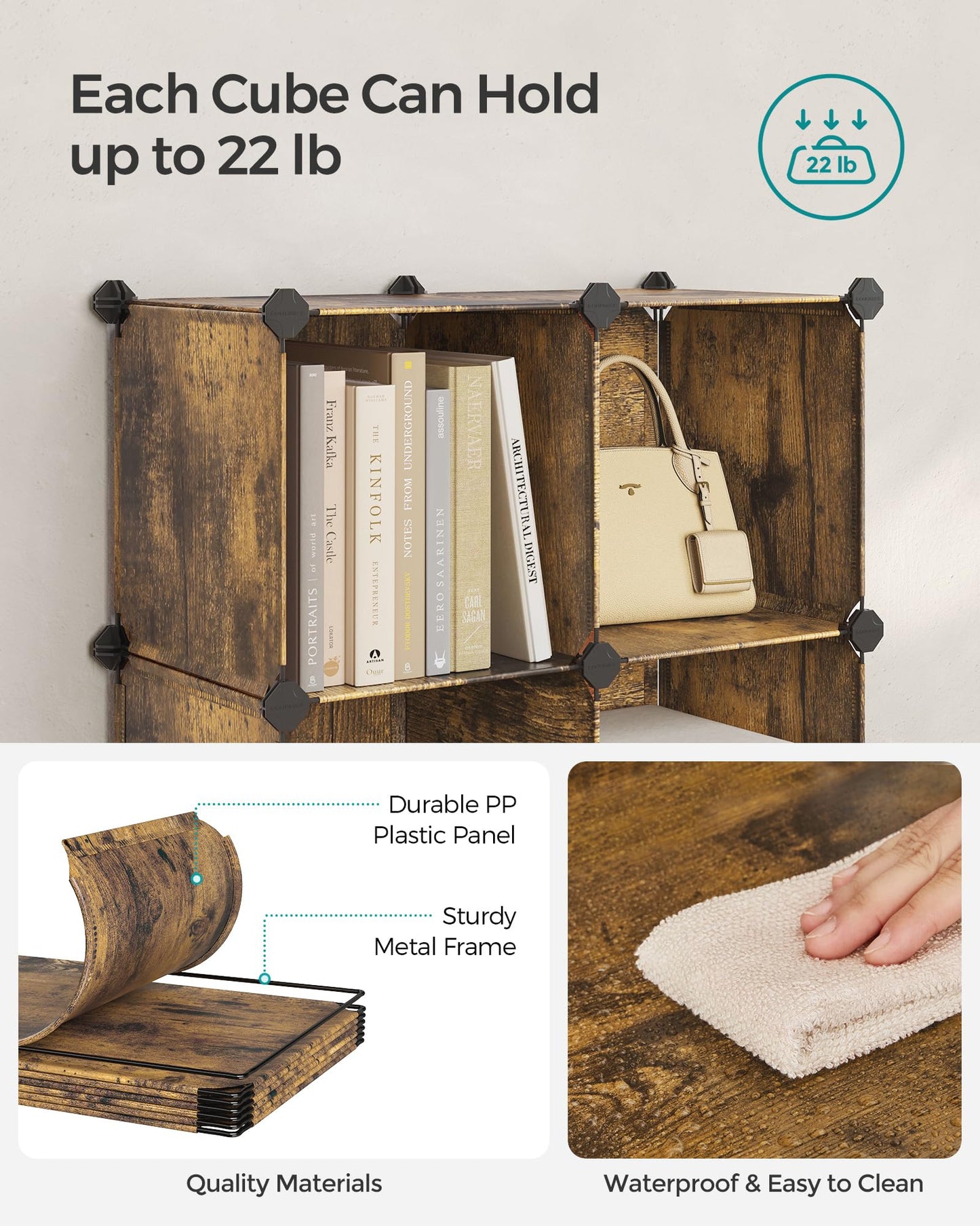 SONGMICS 6 Cube Storage Organizer, Modular Bookshelf, DIY Closet Organizers and Storage, Plastic Stackable Shelves, 11.8 x 11.8 x 11.8 Inch Cubes, with Feet and Rubber Mallet, Rustic Brown ULPC111A01
