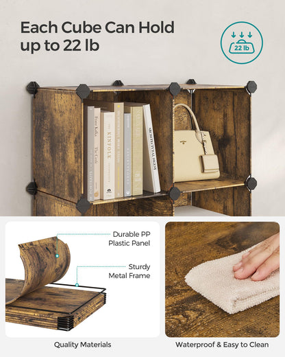 SONGMICS 6 Cube Storage Organizer, Modular Bookshelf, DIY Closet Organizers and Storage, Plastic Stackable Shelves, 11.8 x 11.8 x 11.8 Inch Cubes, with Feet and Rubber Mallet, Rustic Brown ULPC111A01