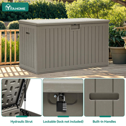 YITAHOME 220 Gallon Extra Large Deck Box, Double-Wall Resin Outdoor Storage Box with Flexible Divider for Patio Cushions Pool Supplies Garden Tools, 990 lbs Load Capacity, Lockable (Light Brown)