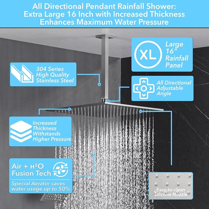 VANFOXLE Shower Faucet Set Brushed Nickel Shower System, Push Button Diverter Shower Faucet with Trim Kit, Ceiling Mount 16 Inch Shower Head Increased Thick, 6 Inch Side Shower Head, 2-in-1 Handheld