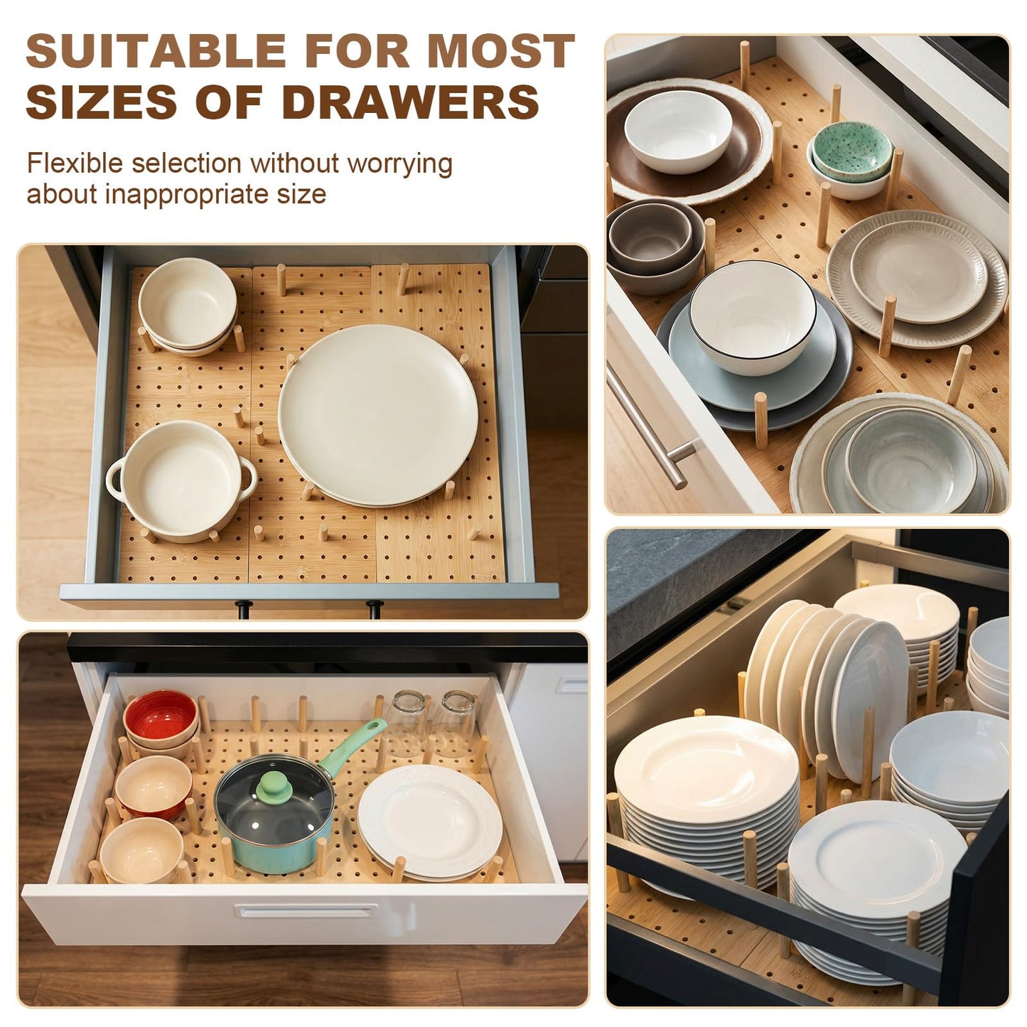 Kigley 6 Pcs Wood Pegboard Drawer Organizer with 48 Pegs Wooden Peg Board System Peg Drawer Organizers for Kitchen Dishes Plate Pegboard Food Containers(Wood Color,17x5.91,Bamboo)